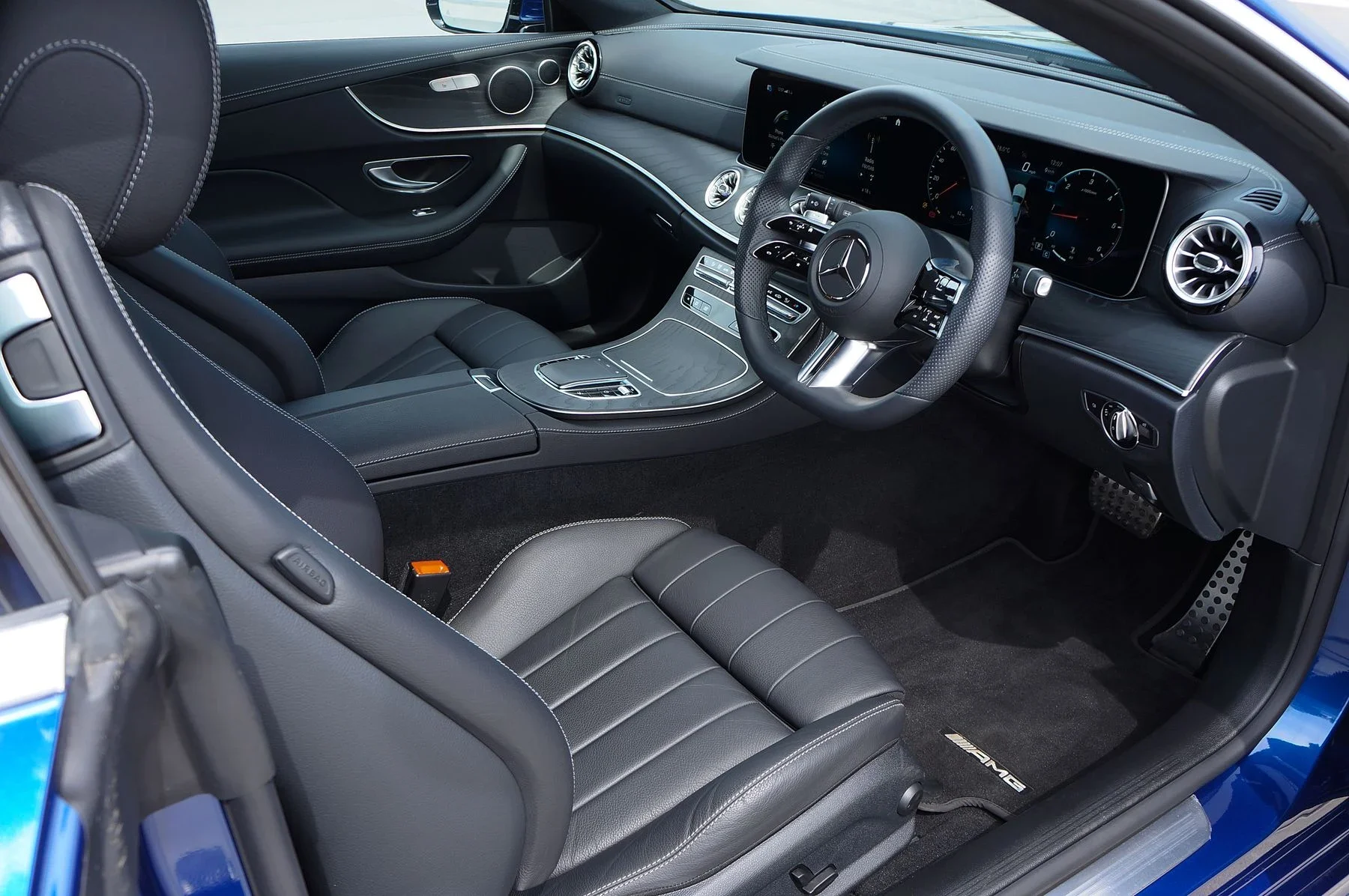 Steering wheel and controls in a right-hand-drive car